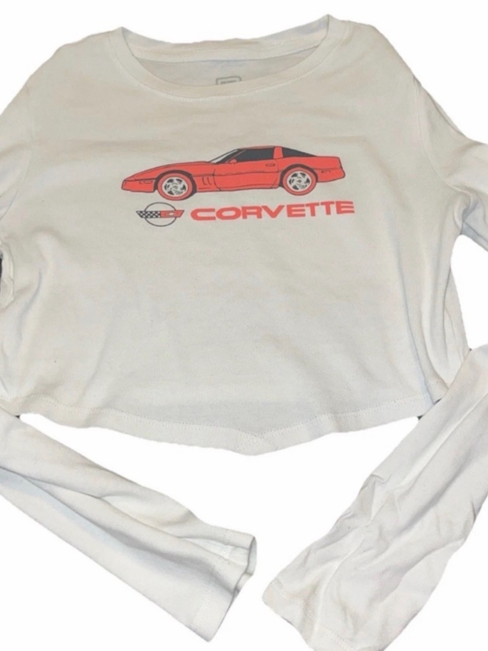 Medium corvette sports car General Motors long sleeve white crop top women’s fun